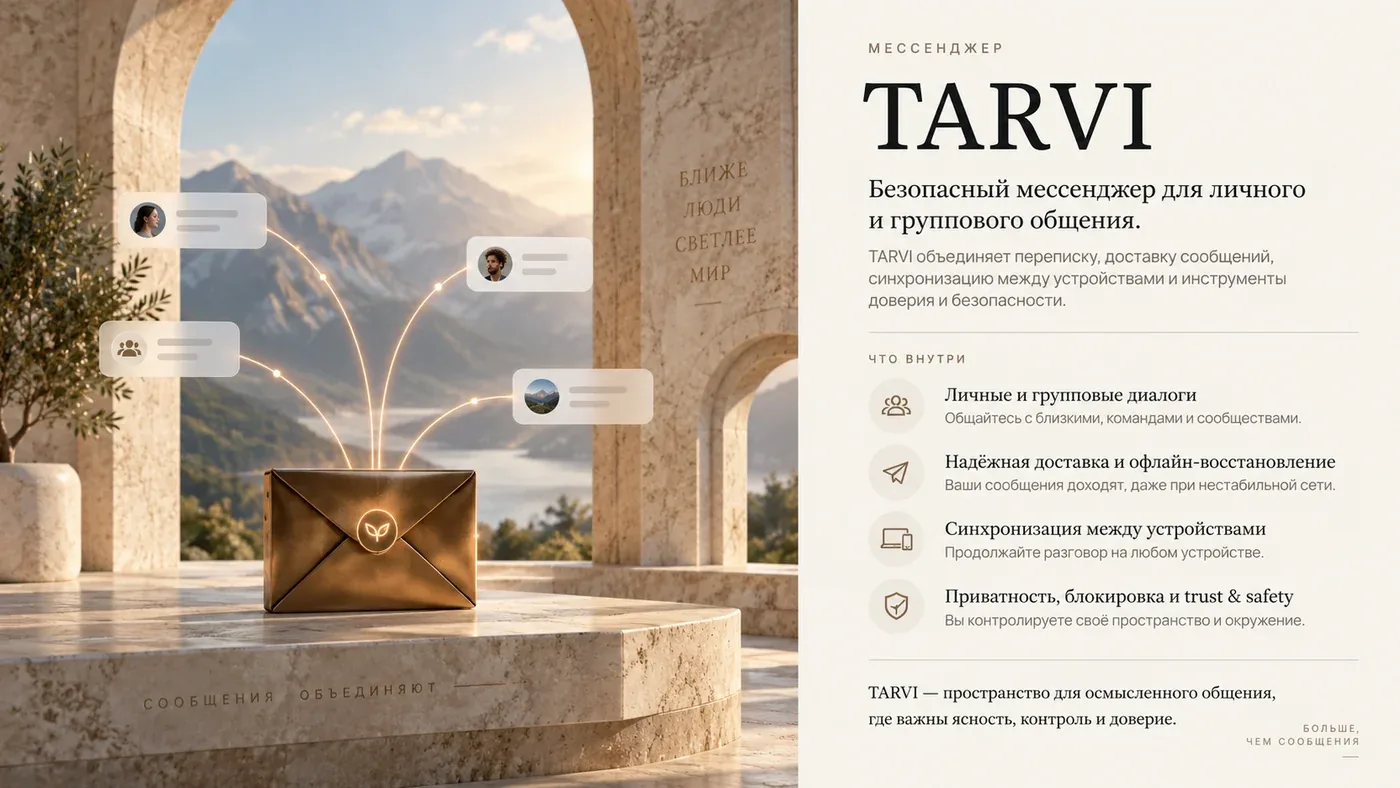 TARVI — конверт, световые линии связи, каменные арки и горный фон