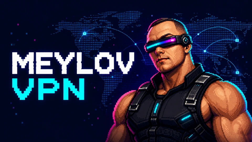 MEYLOV VPN — пиксельная обложка с персонажем в визоре на фоне карты мира